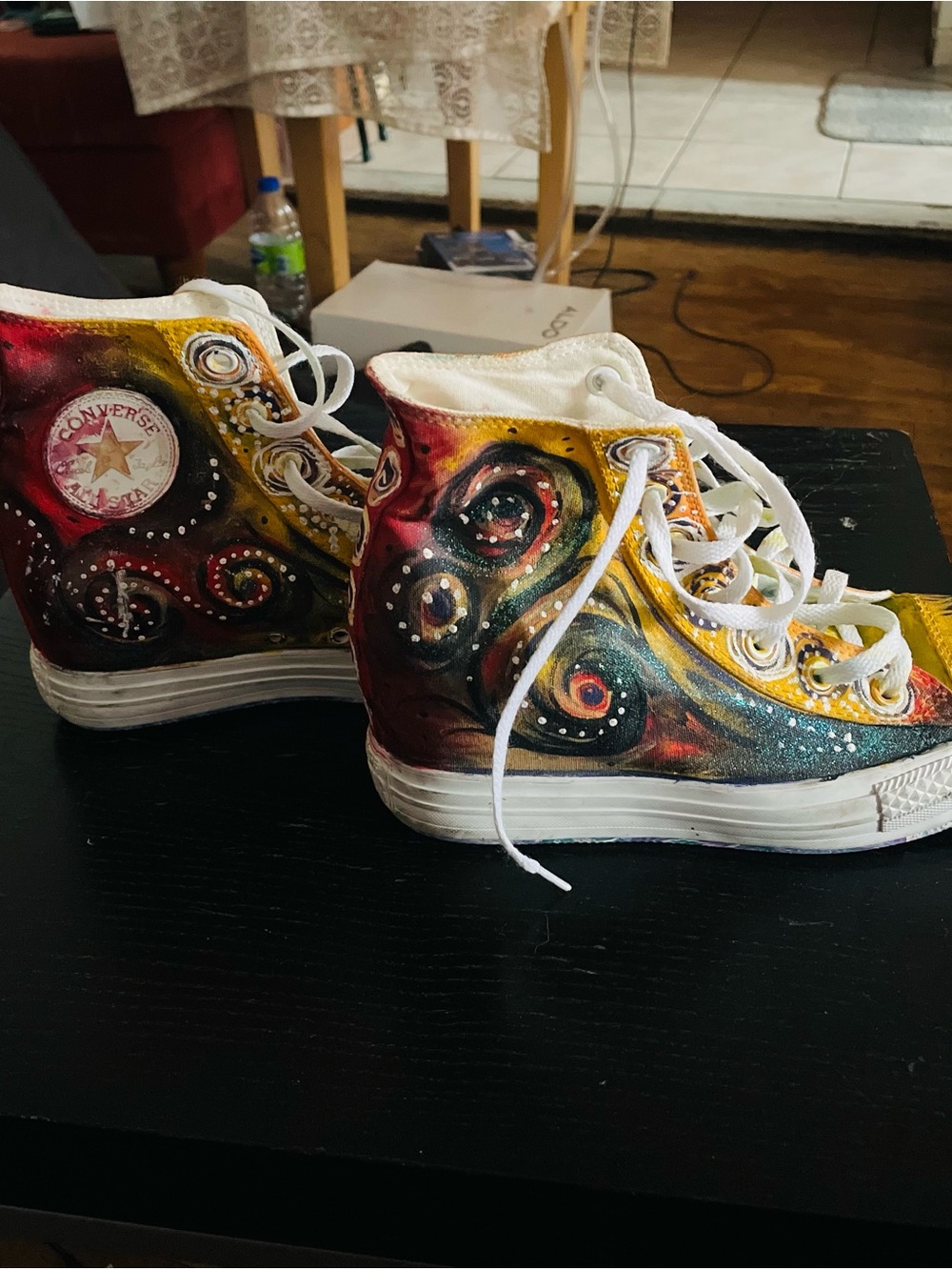 Converse Hand-Painted High-Top Sneakers, Teal, Yellow & Red Paisley, Sz 10. - Picture 5 of 9